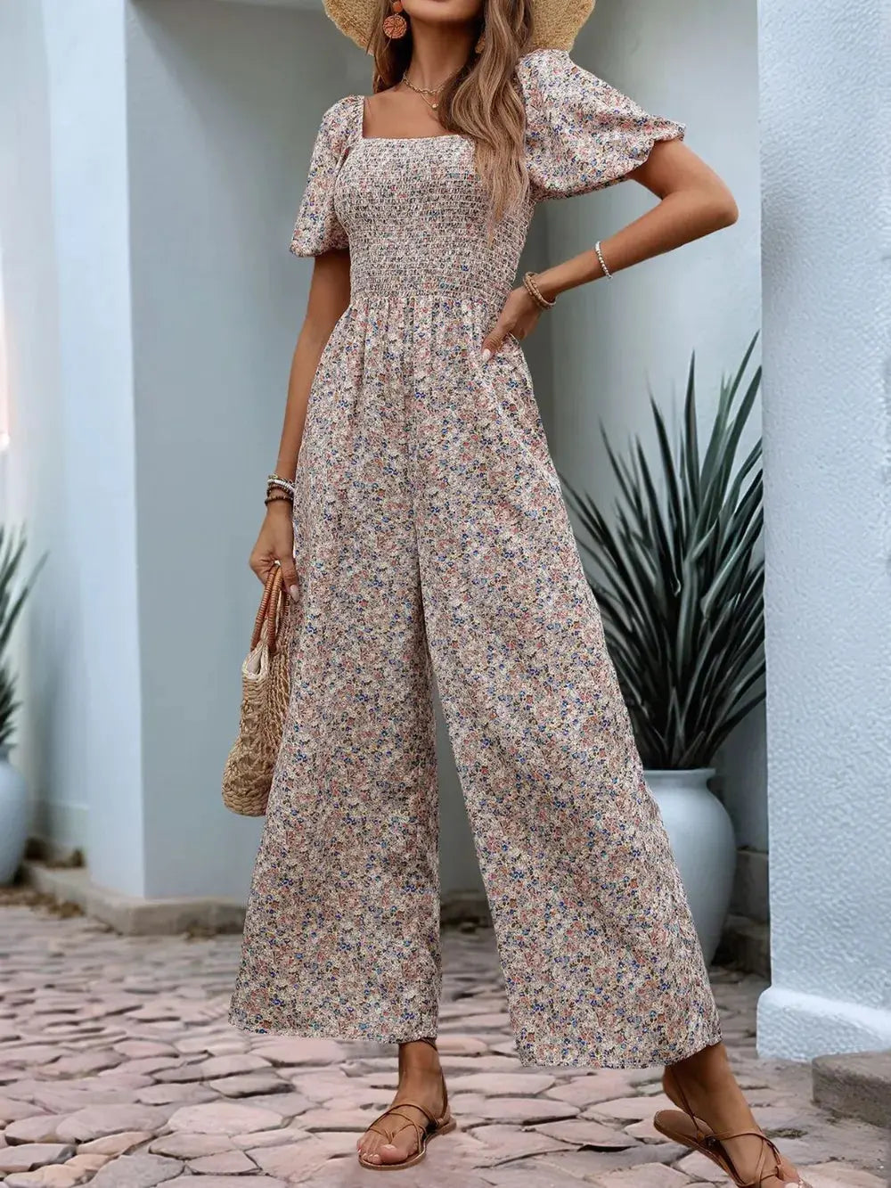 Perfee Ditsy Floral Smocked Square Neck Puff Sleeve Jumpsuit.
