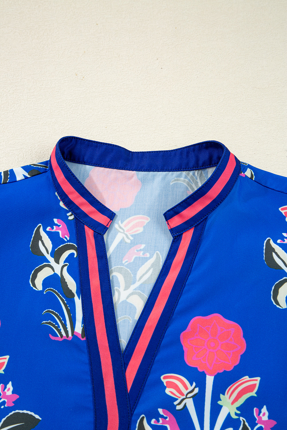 Sky Blue Floral Print Contrast Striped Trim Notched Neck Long Sleeve Dress Dear-Lover Dropshipping