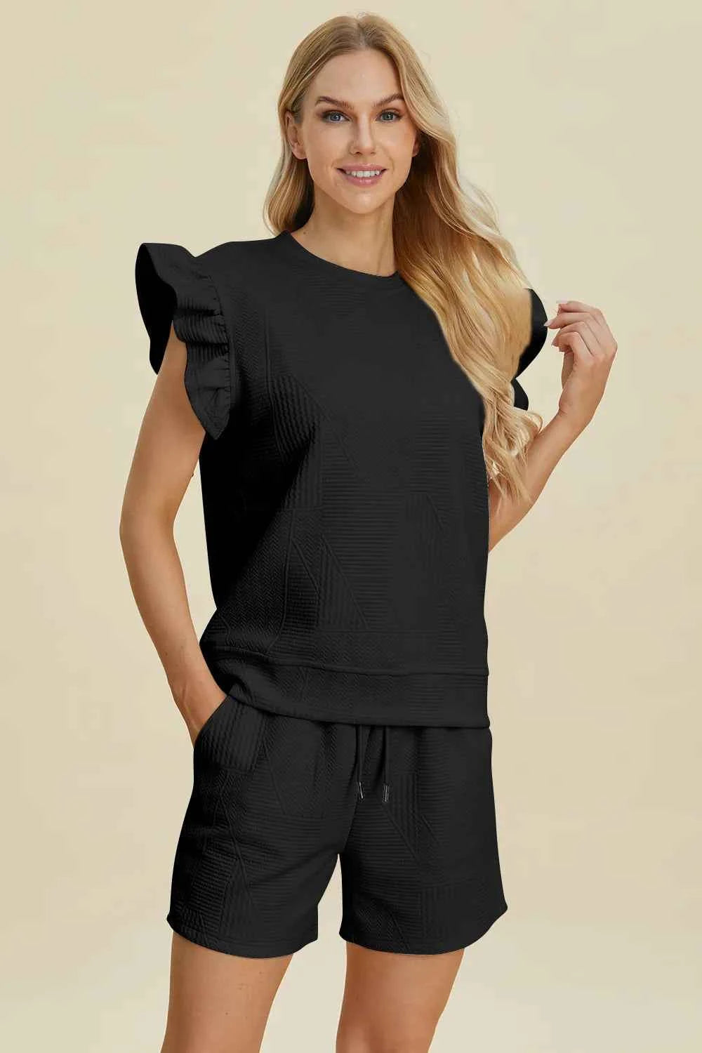 Round Neck Ruffle Sleeve Top and Shorts Set