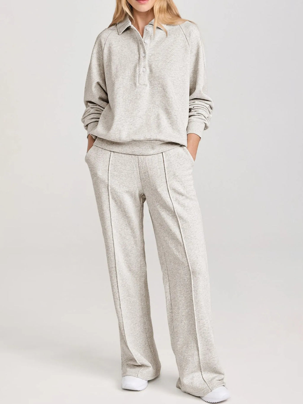 Collared Sweatshirt and High Waist Pants Active Set.