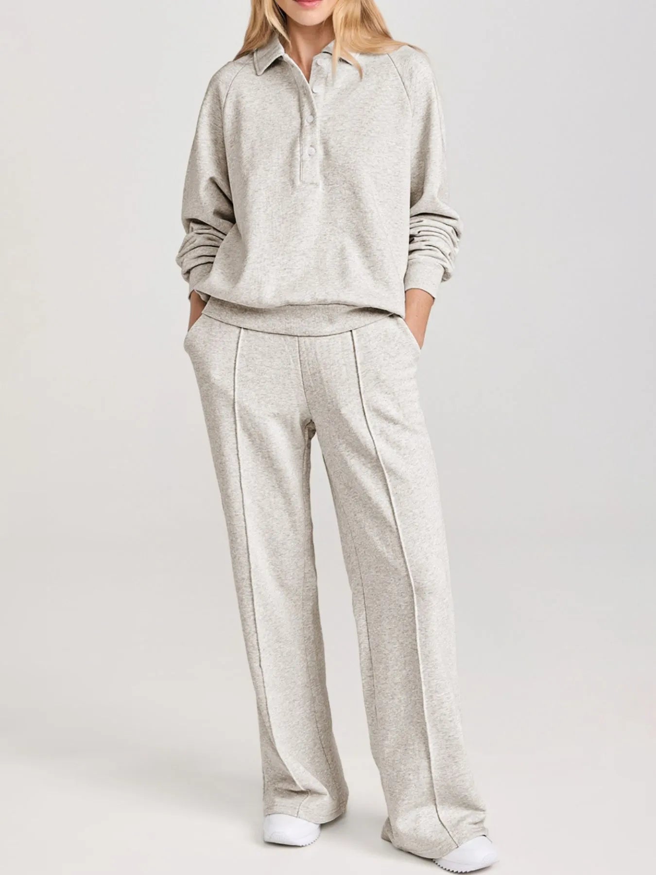 Collared Sweatshirt and High Waist Pants Active Set.