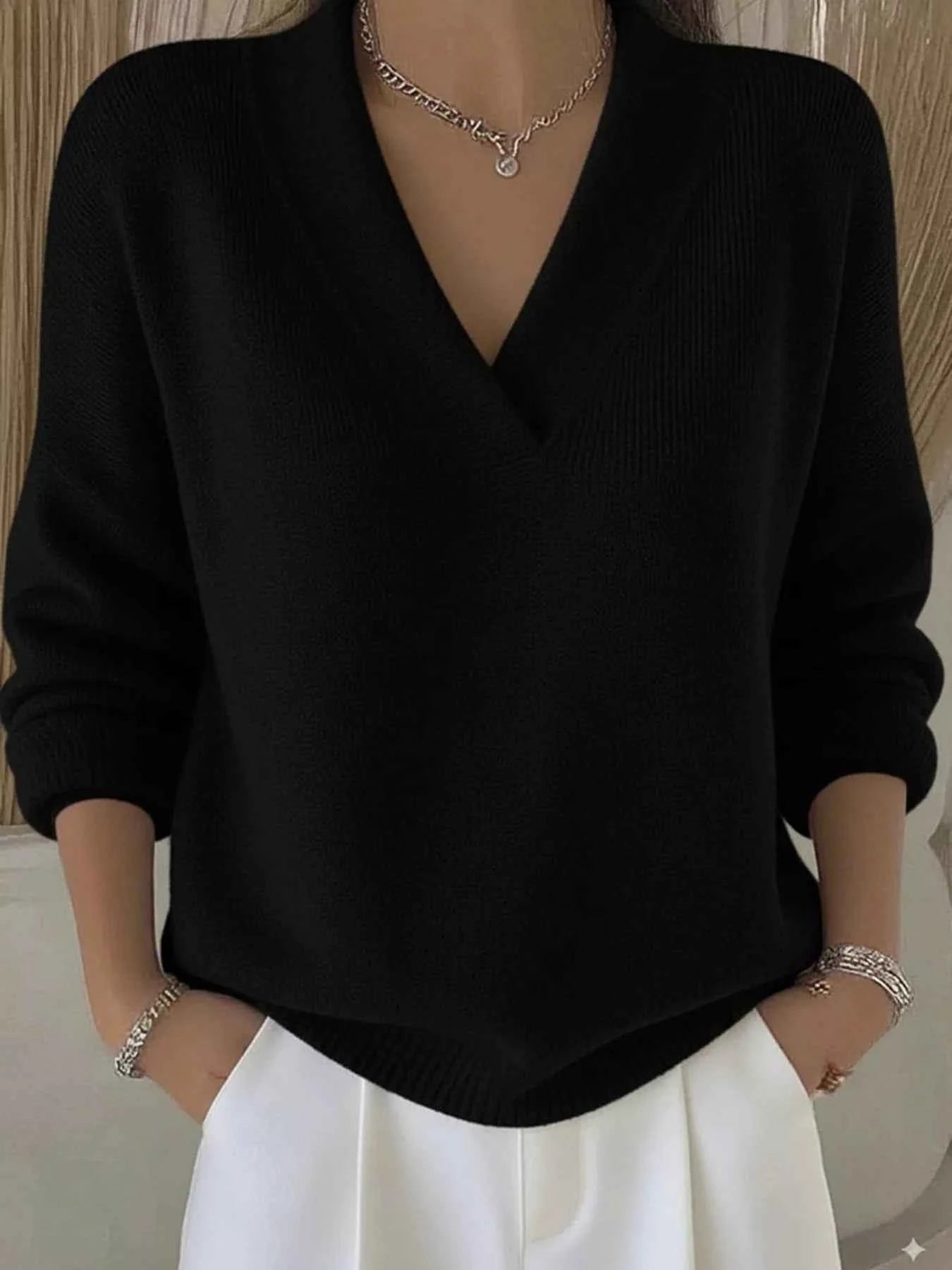 Full Size V-Neck Long Sleeve Sweater Plus Size