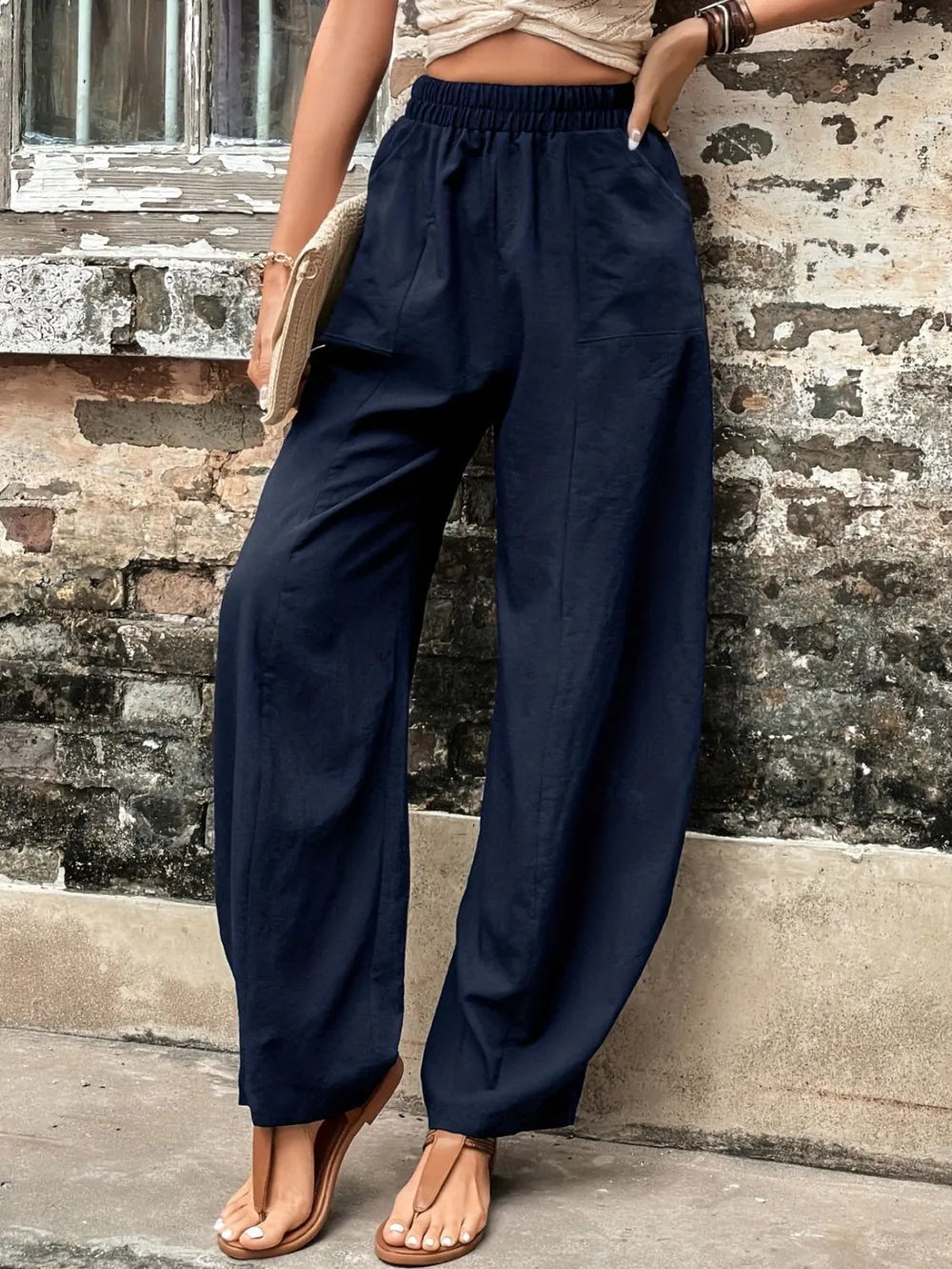 Elastic Waist Pants with Pockets.