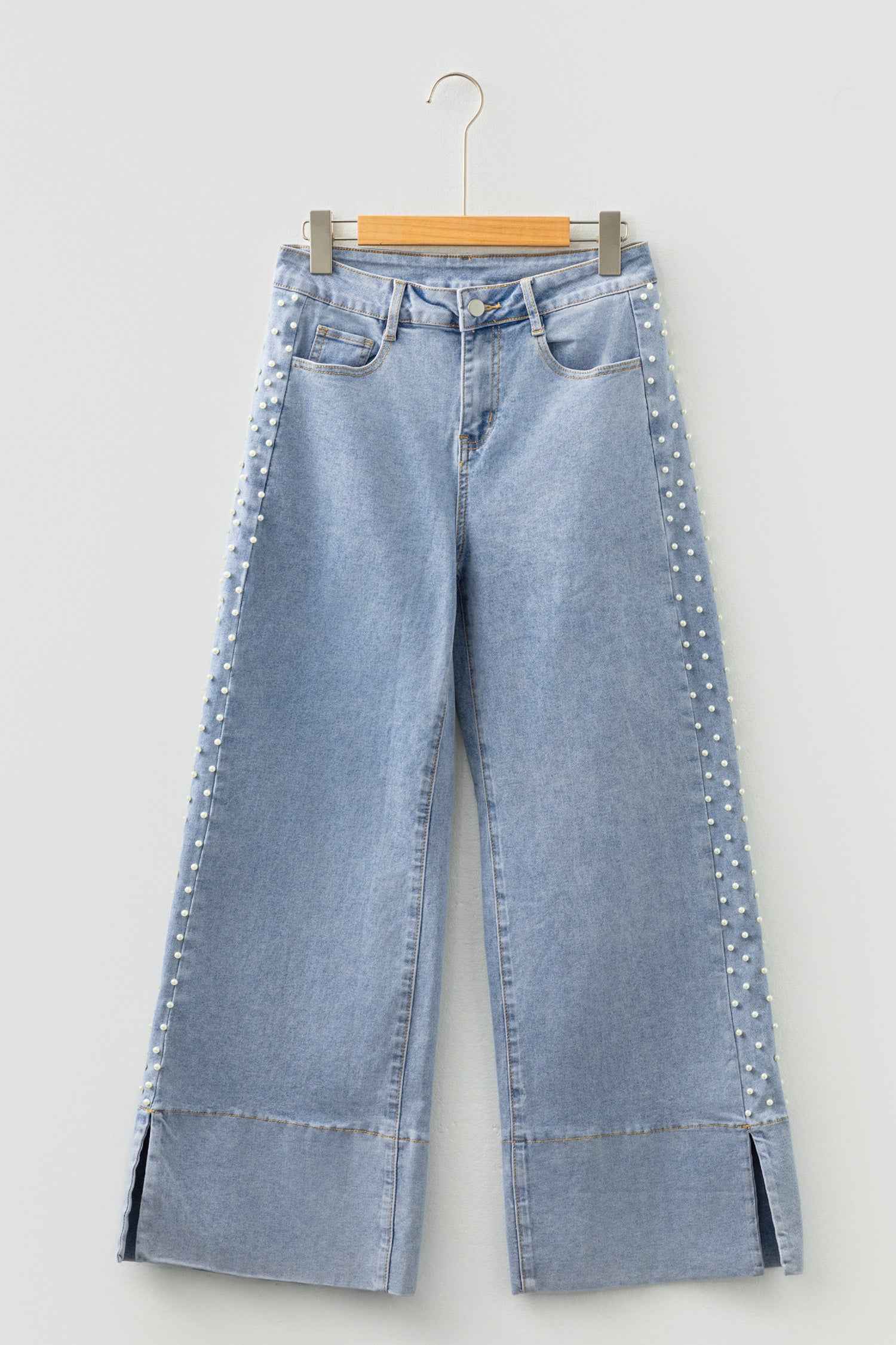 Beau Blue Mid Rise Pearl Embellished Split Wide Leg Jeans