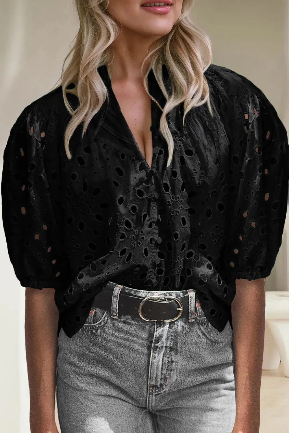 Eyelet Button Up Half Sleeve Blouse.