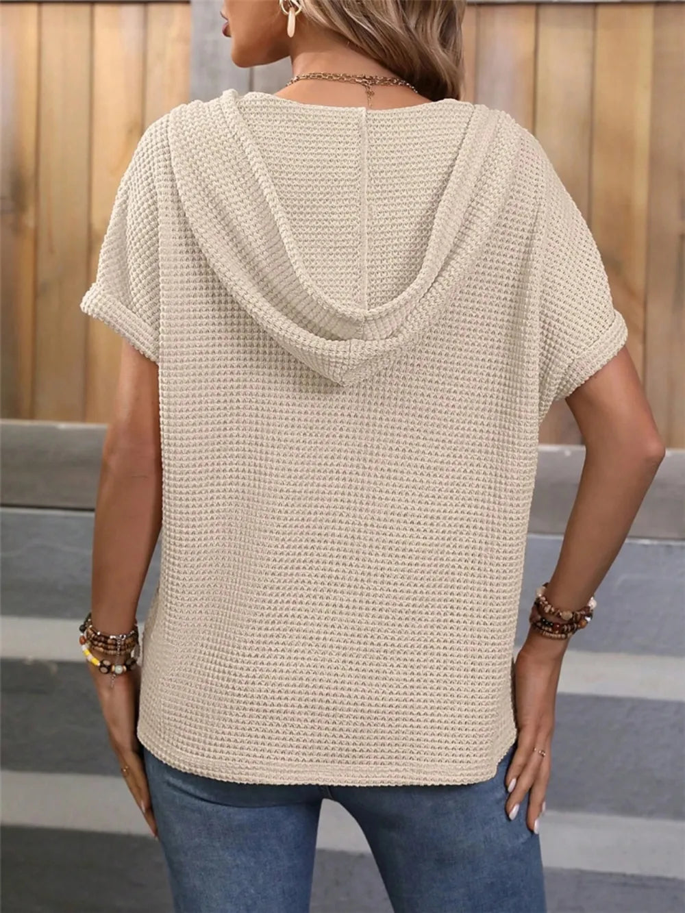 Waffle-Knit Hooded Short Sleeve Top.