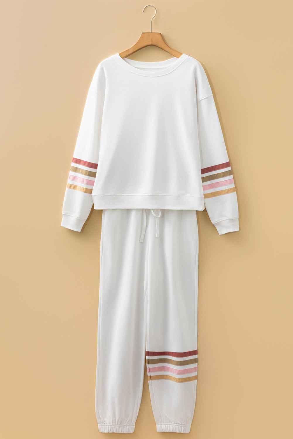 Beige Striped Drop Shoulder Round Neck Pullover and Jogger Pants Active Outfit