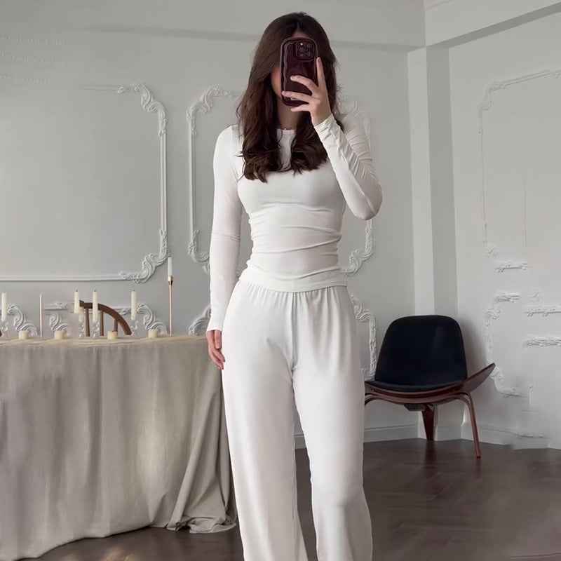 Fashionable Style Round Neck Solid Color Wide Leg Pants Elegant Commute Fashion Set