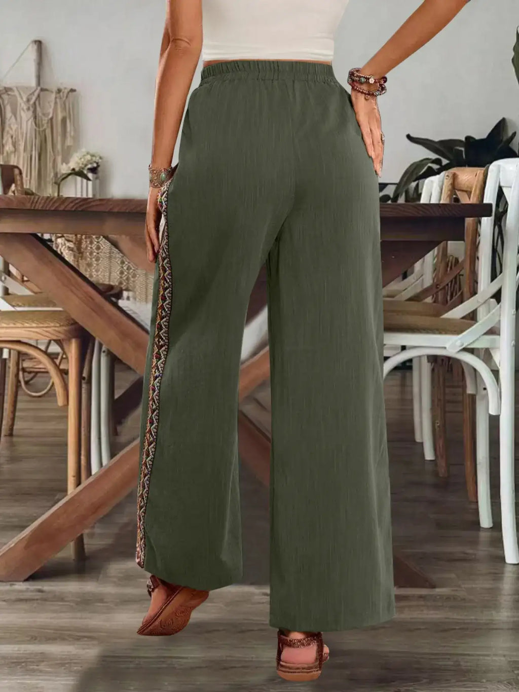 Bohemian Wide Leg Embroidered Side Stripe Pants.