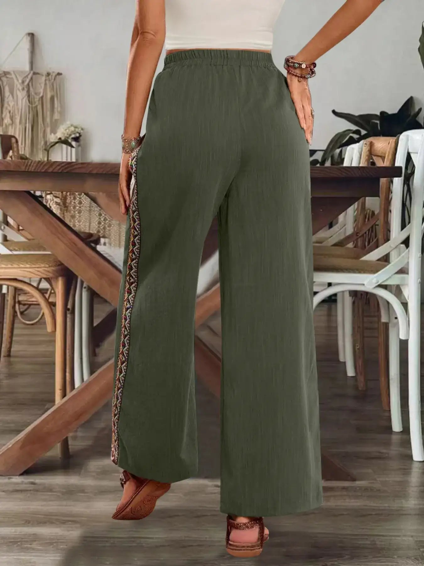Bohemian Wide Leg Embroidered Side Stripe Pants.
