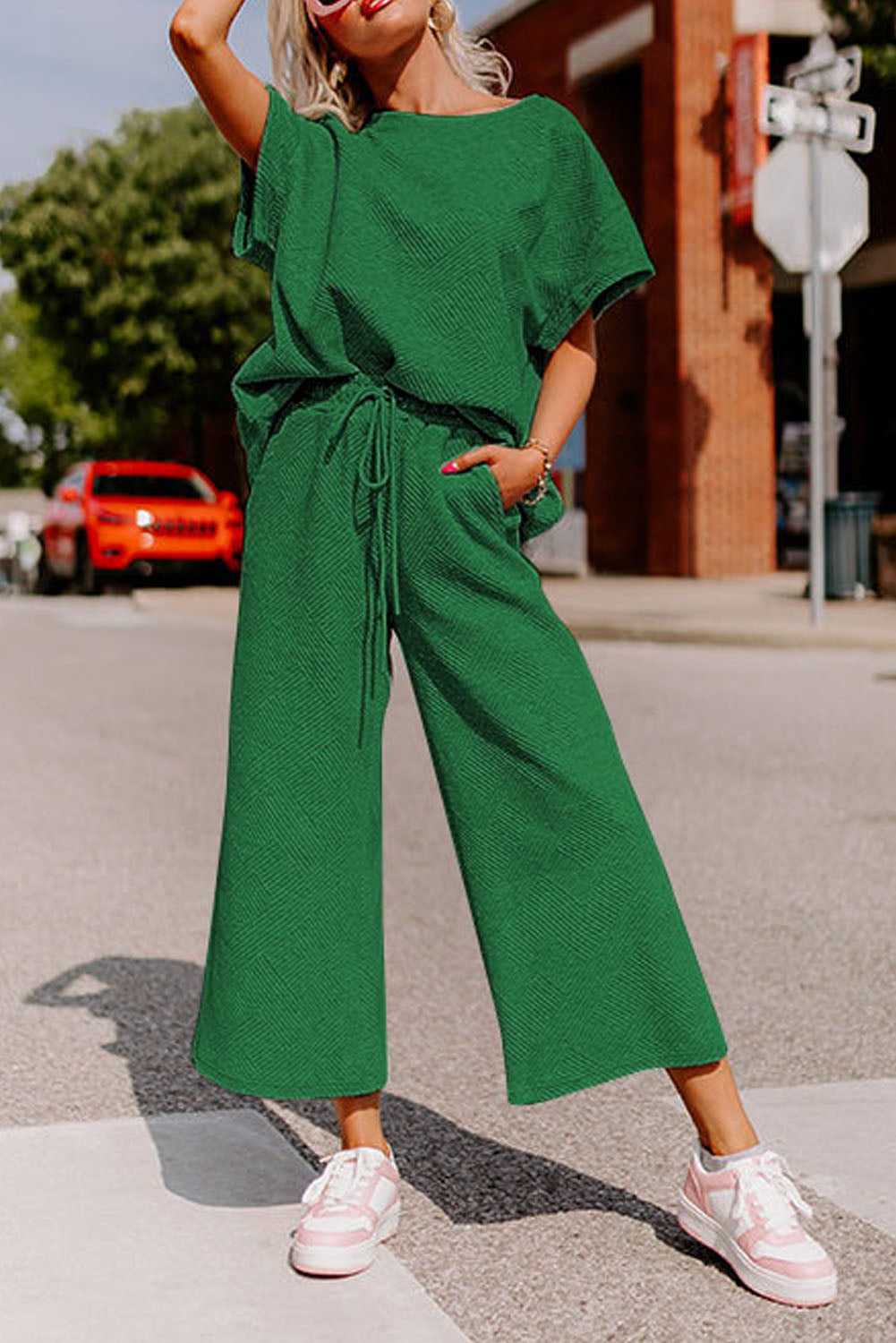 Dark Green Textured Loose Fit T Shirt and Drawstring Pants Set Dear-Lover Dropshipping
