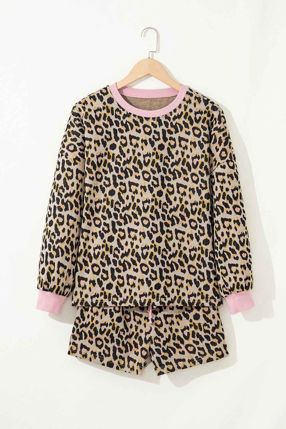 Pink Leopard Print Contrast Edge Long Sleeve Pullover Shorts Set