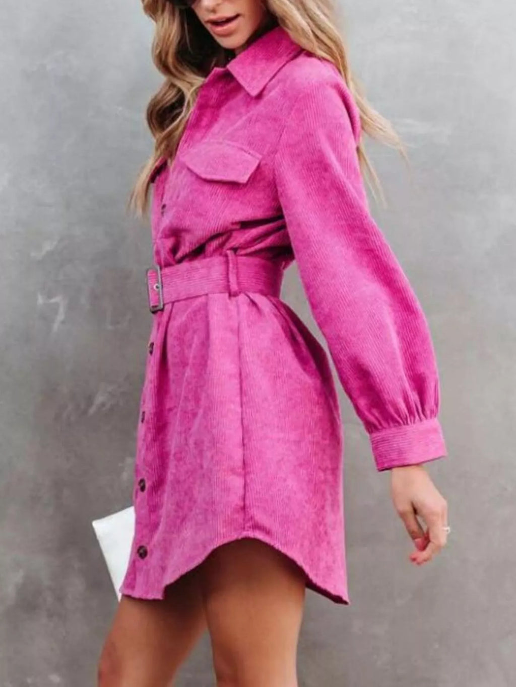 Button Front Belt Long Sleeve Corduroy Dress.