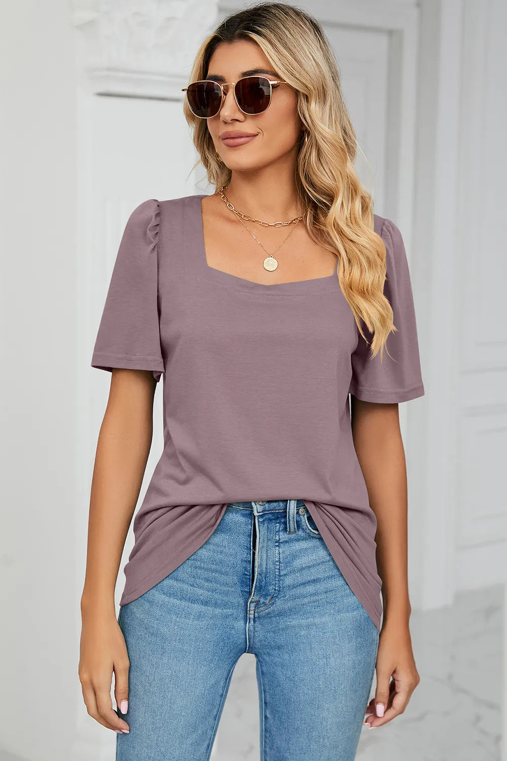 Square Neck Short Sleeve women T-Shirt.