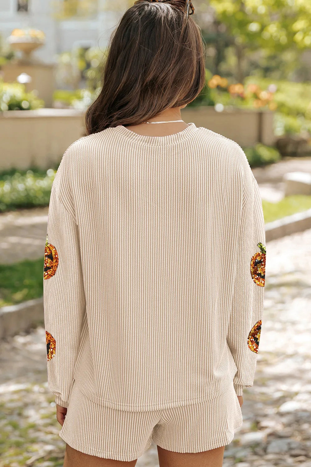 Sequin Pumpkin Round Neck Top and Shorts Set.