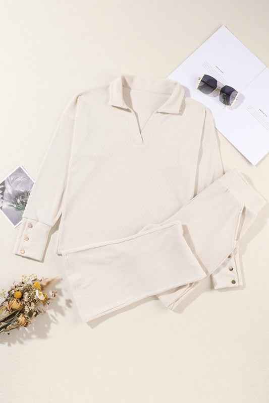 Solid Collared Pullover and Pants Set
