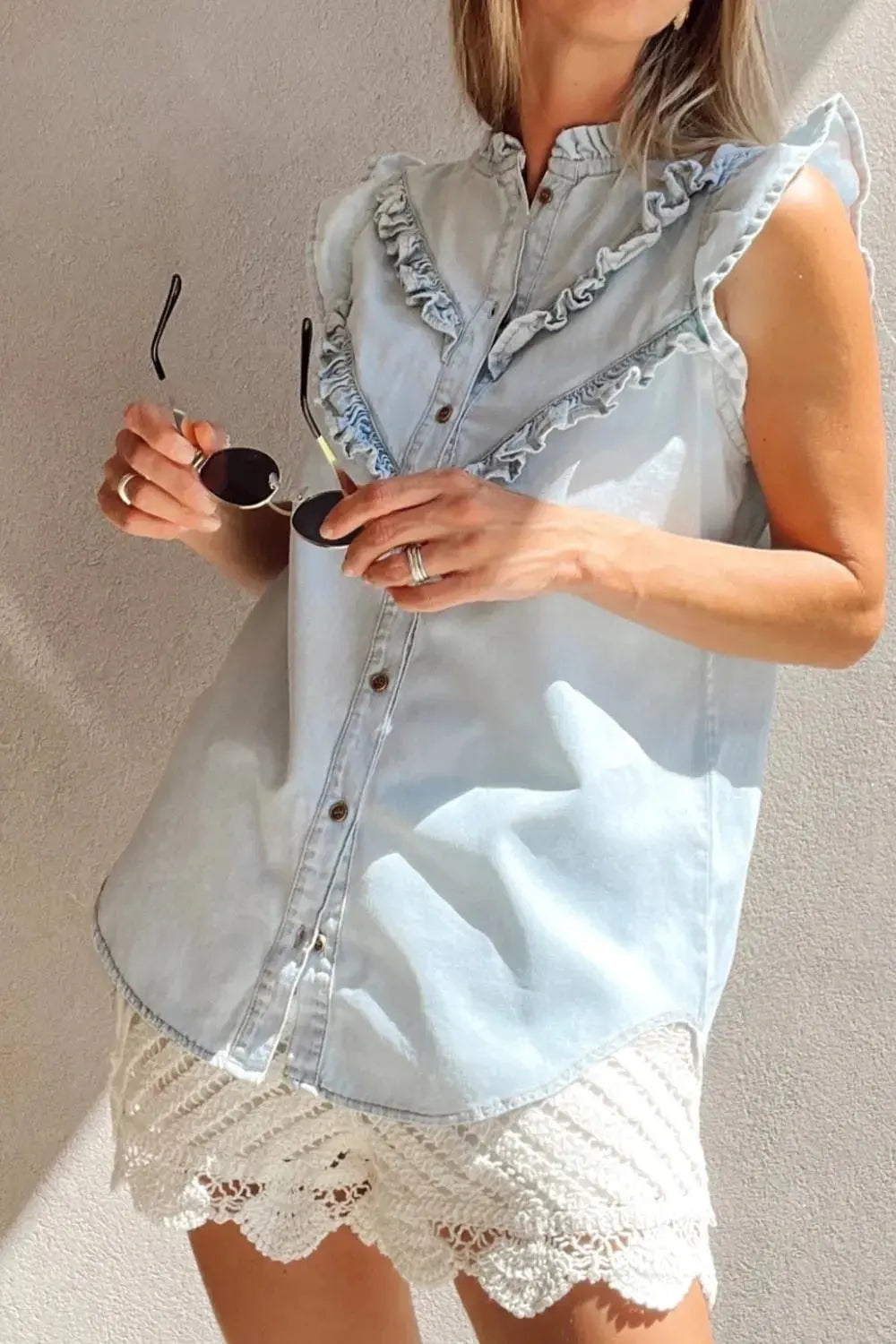 Ruffled Cap Sleeve Denim Top.