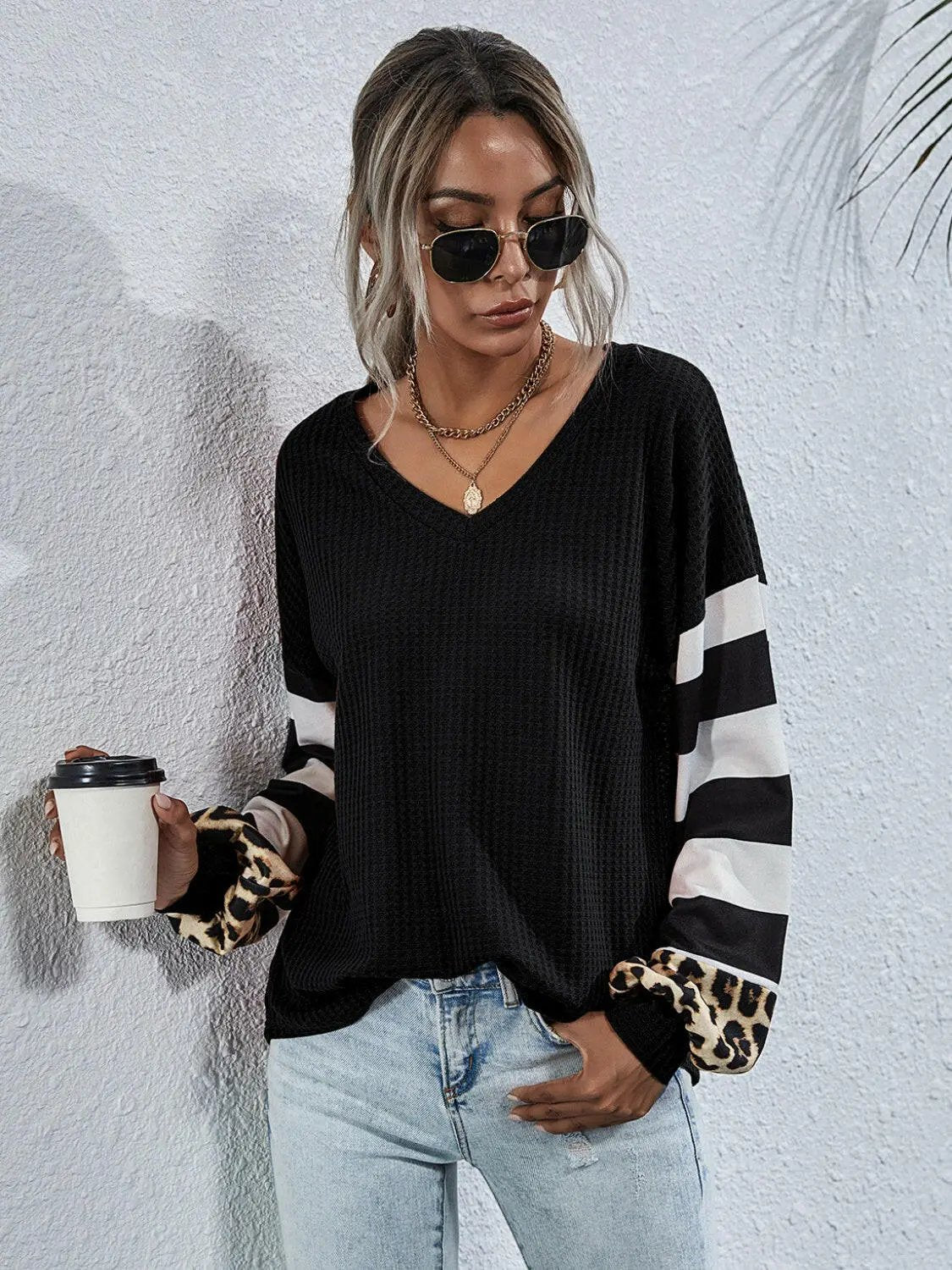 Leopard Striped Waffle-Knit Top.