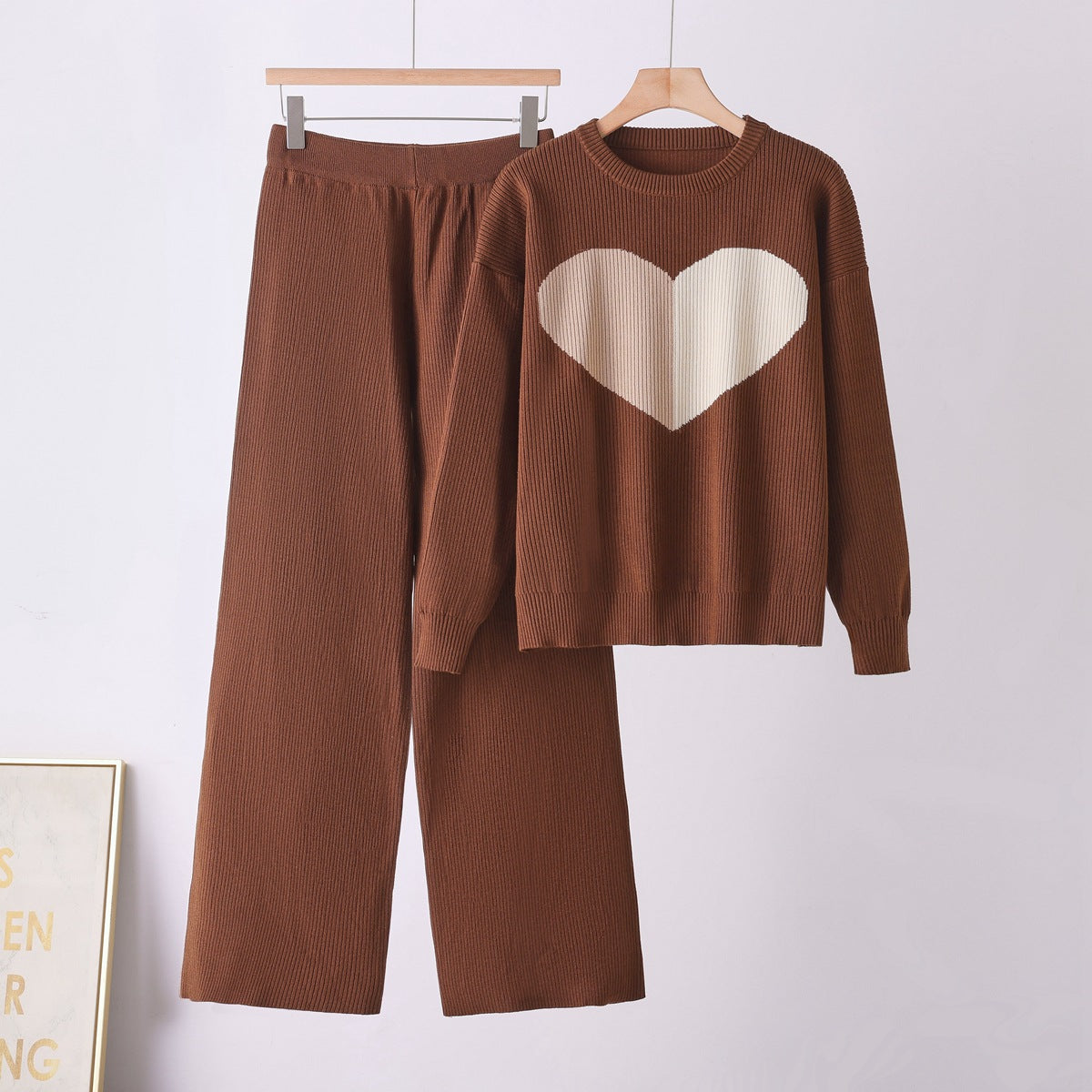 Heart Knit Sweater and Wide-Leg Pants Set