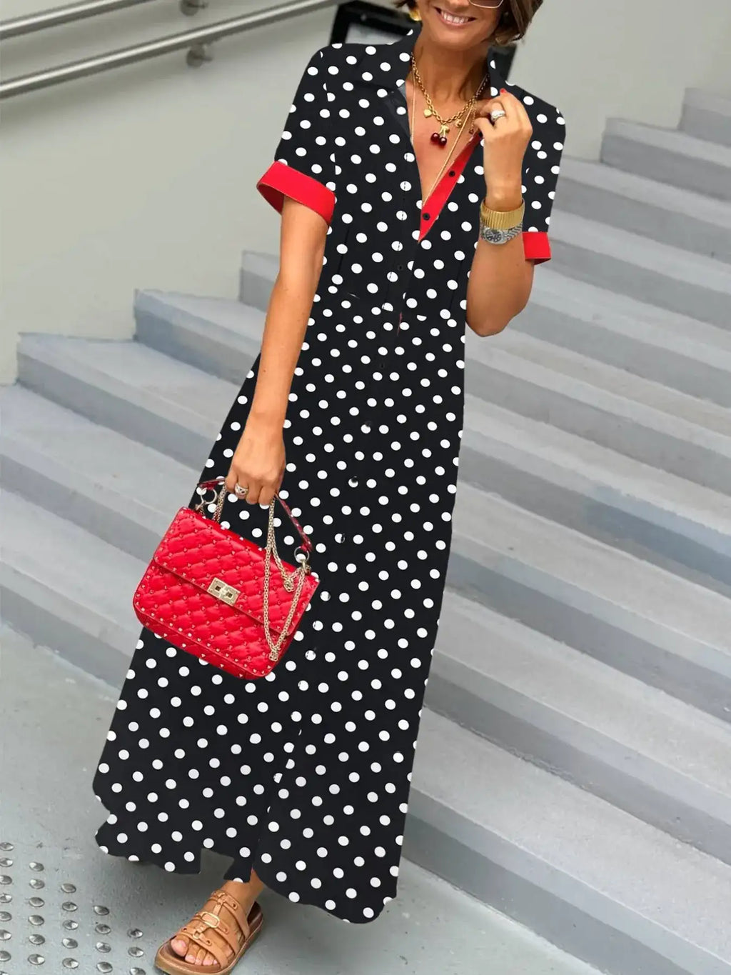 Polka Dot Short Sleeve Maxi Shirt Dress.