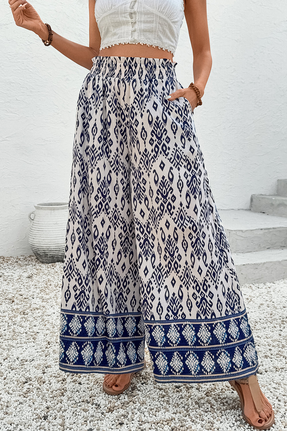 Blue Boho Pattern Print High Waist Wide Leg Loose Pants Dear-Lover Dropshipping