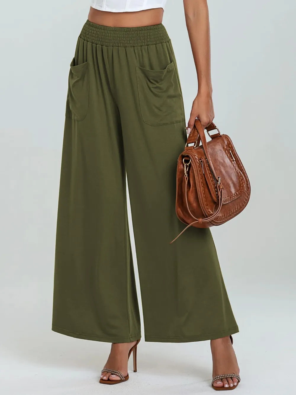 Pocketed Elastic Waist Wide Leg Pants.