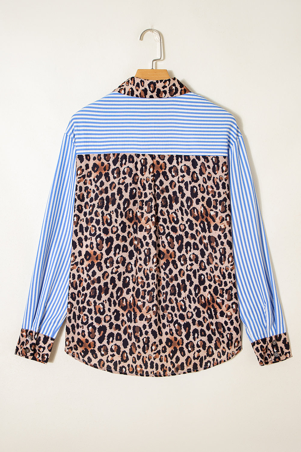 Sky Blue Striped Leopard Print Patchwork Button Up Womens Shirt Dear-Lover Dropshipping