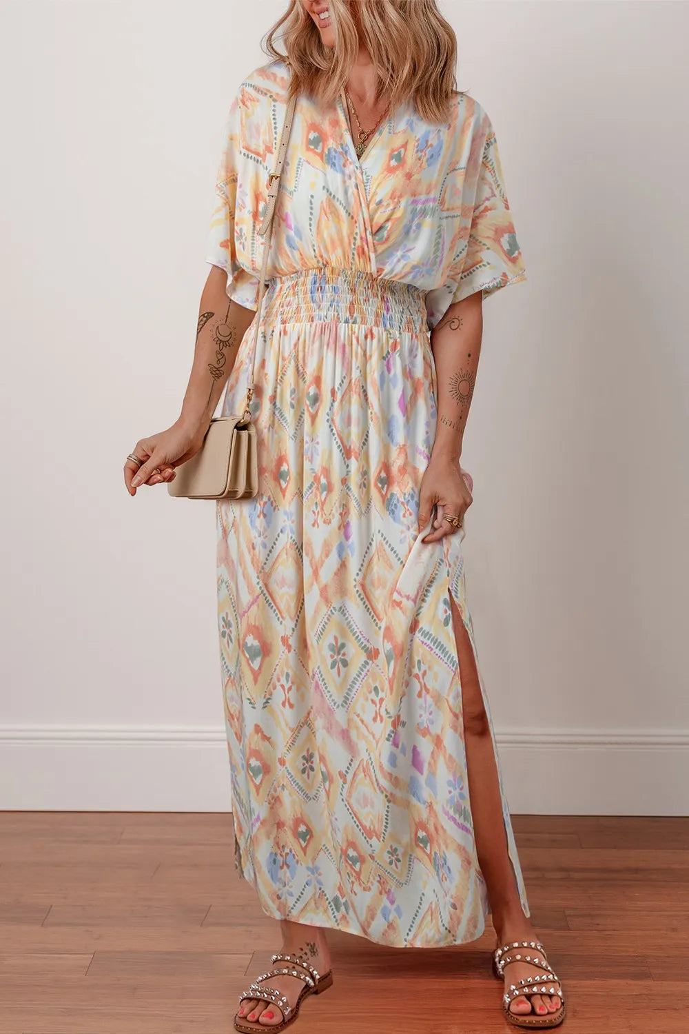 Half Sleeve Shirred High Waist Maxi Dress.