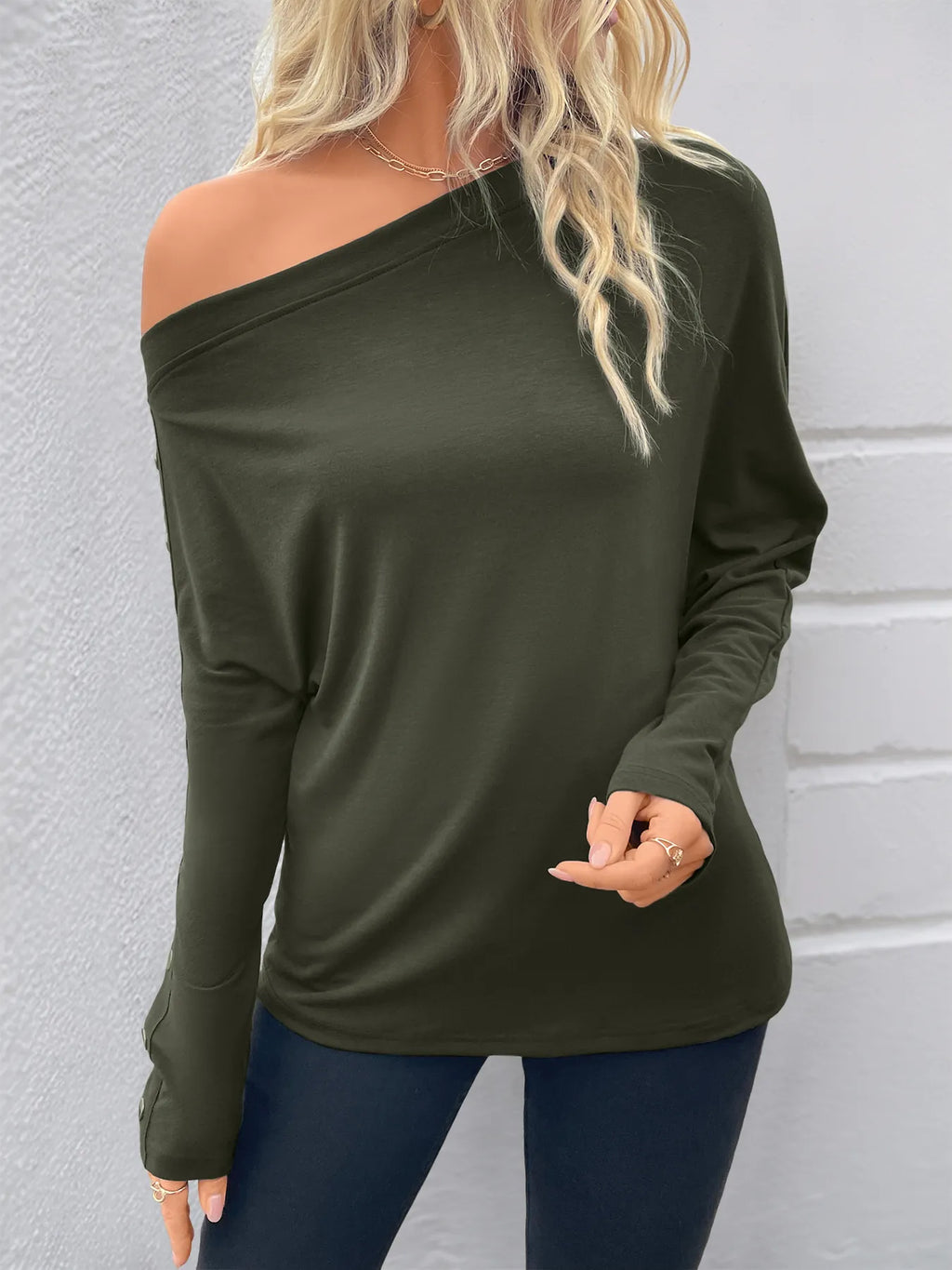 Single Shoulder Long Sleeve T-Shirt.