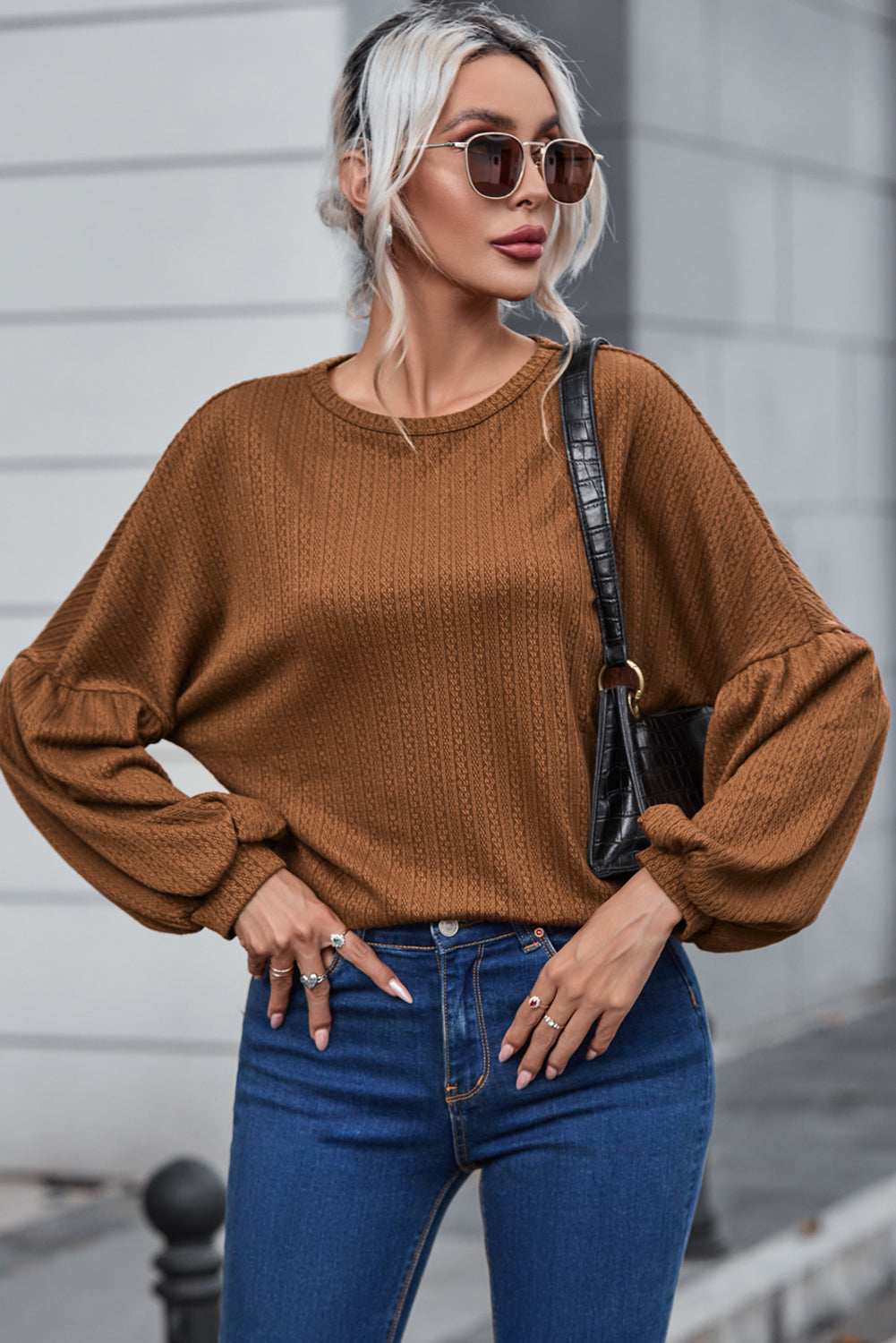 Faux Knit Jacquard Puffy Long Sleeve Top Dear-Lover Dropshipping