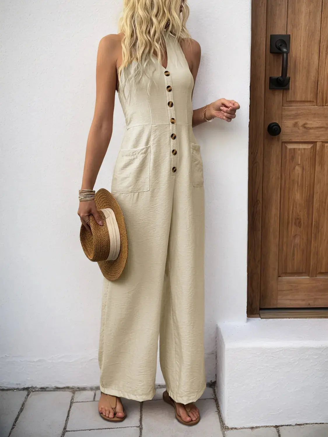 Smocked Halter Neck Jumpsuit.