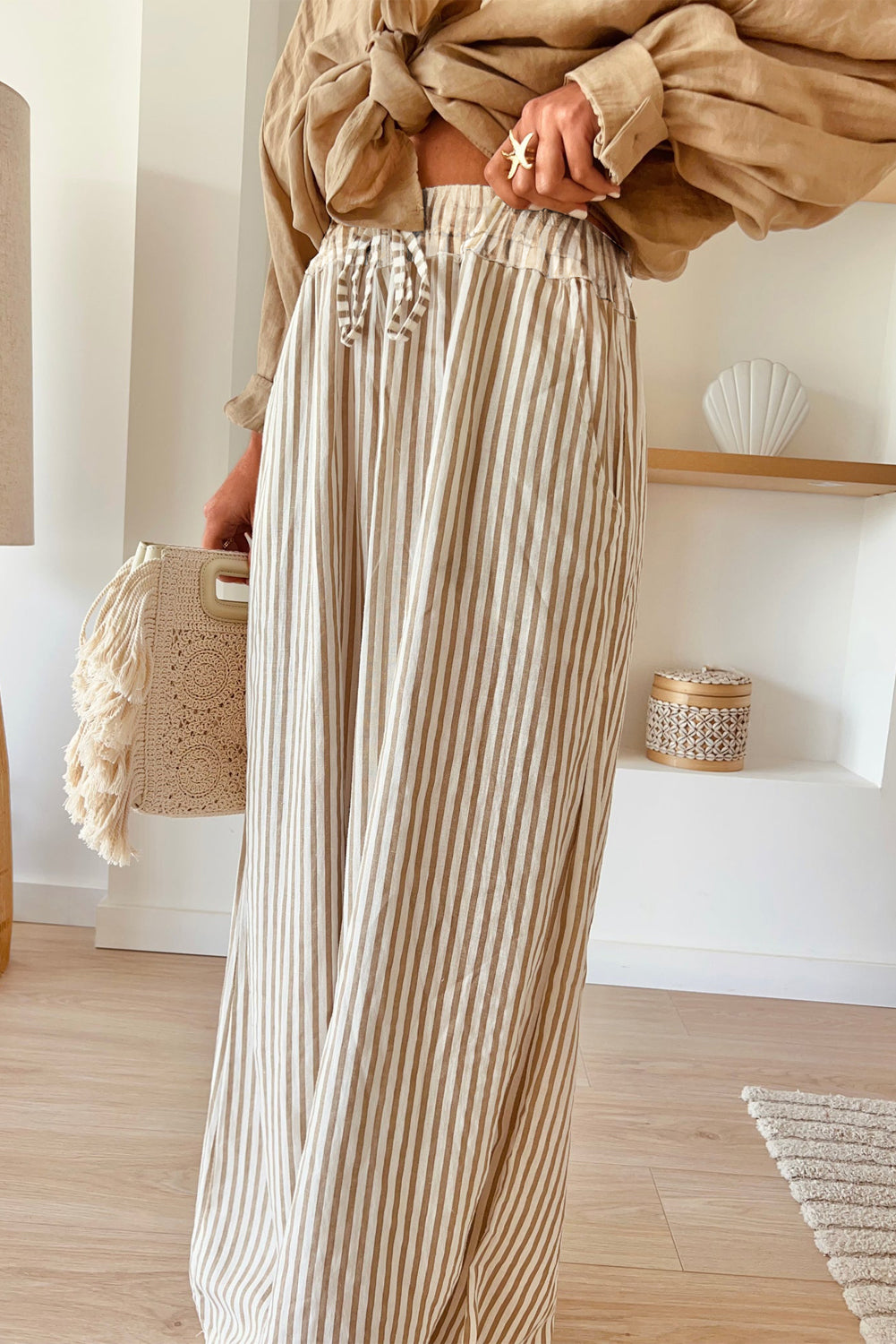 Khaki Stripe Print Wide Leg Drawstring Elastic Waistband Pants Dear-Lover Dropshipping