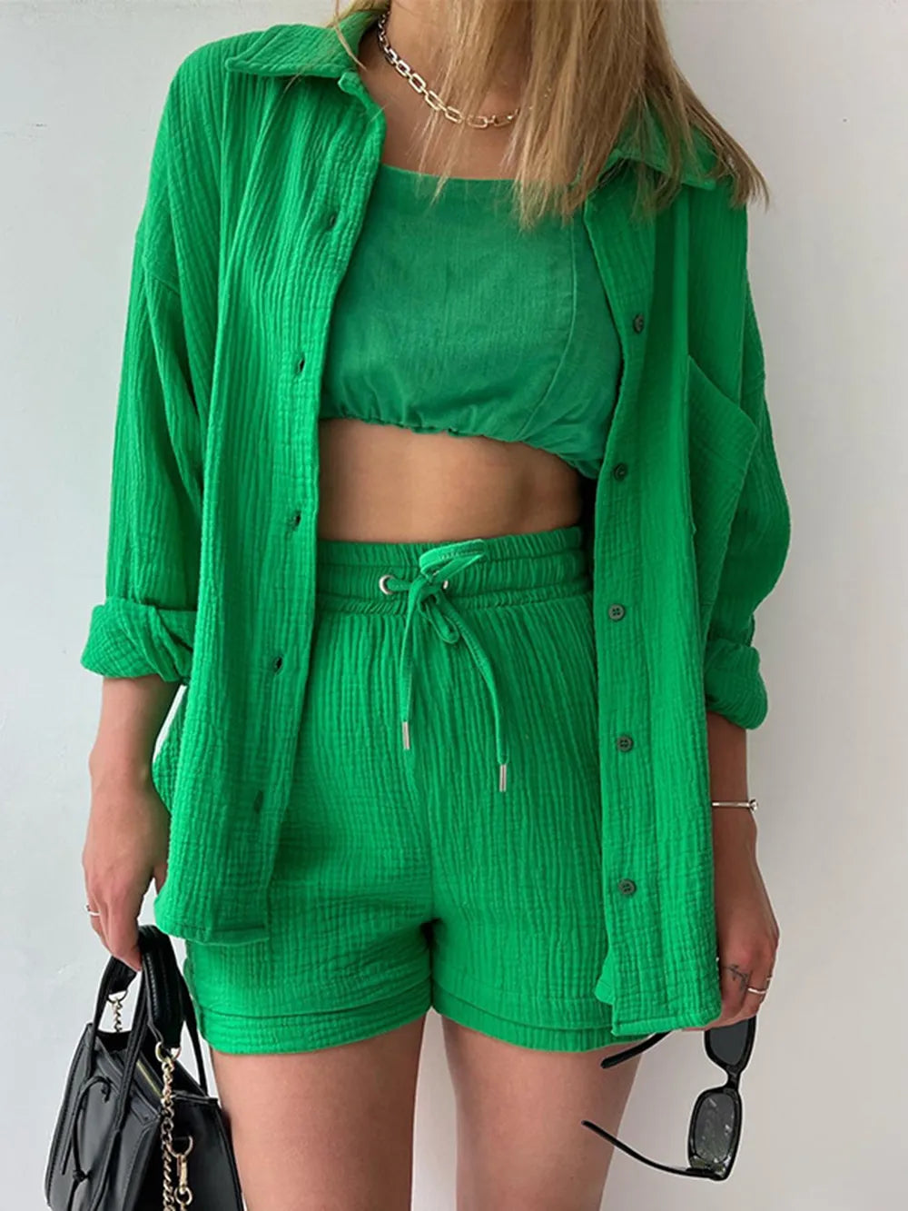 Texture Button Up Shirt and Drawstring Shorts Set - CHIC TB