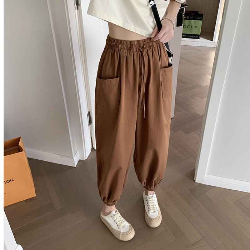 Cotton Harem Trousers Women's Loose Cuffed Wide-Leg Nine-Point High-Waist Casual Slimming Dad Pants