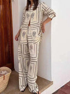 Printed Button Up Shirt And Pants Set With Front Pockets