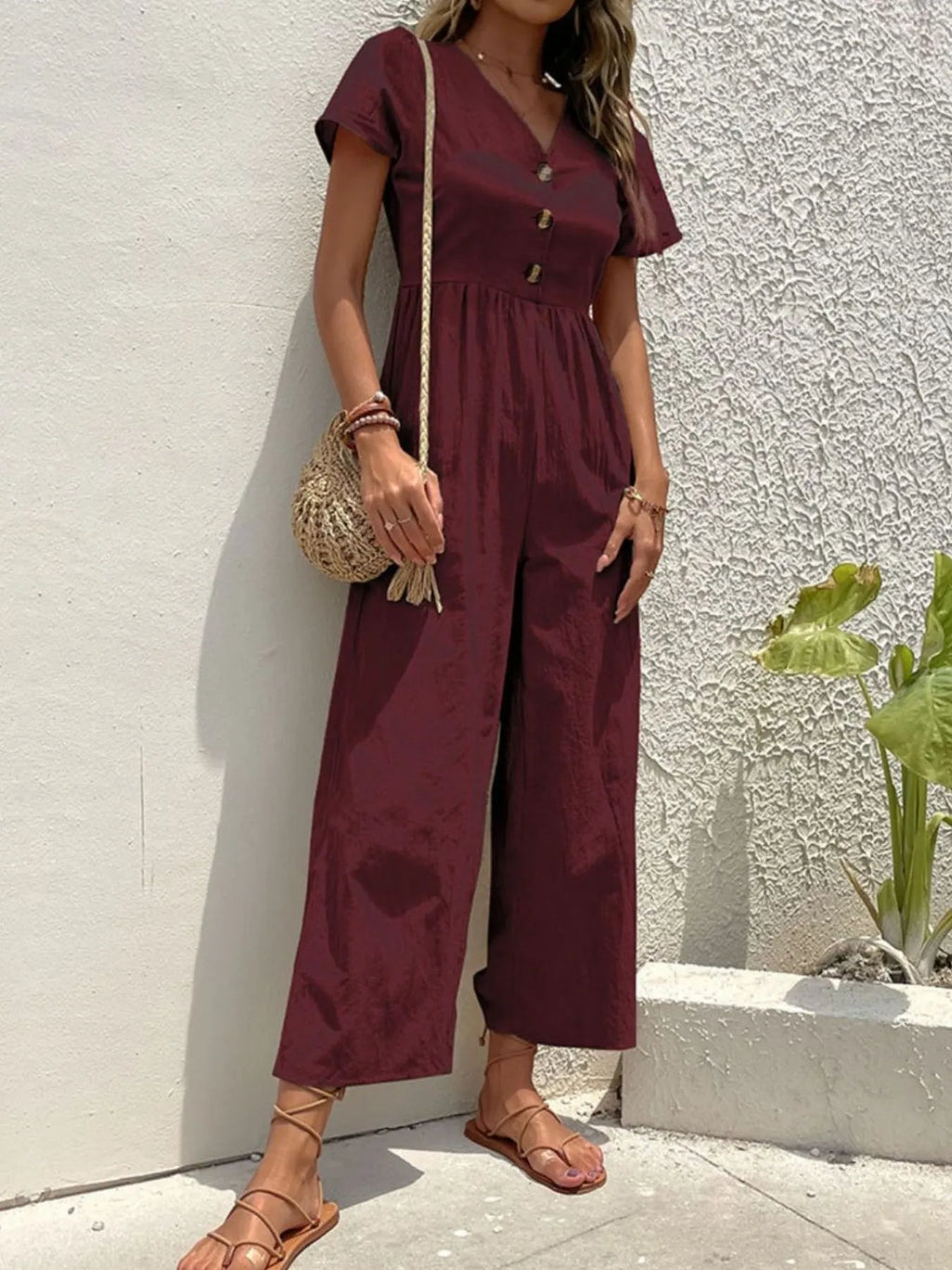 V-Neck Short Sleeve Wide Leg Jumpsuit.