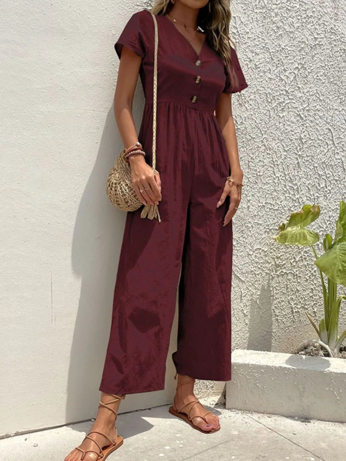 V-Neck Short Sleeve Wide Leg Jumpsuit.