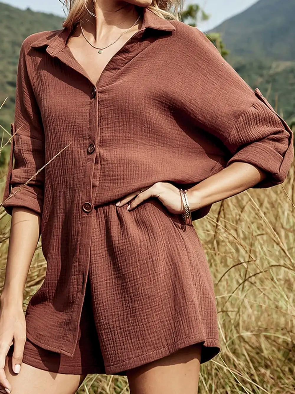 Texture Button Up Shirt and Shorts Set - CHIC TB