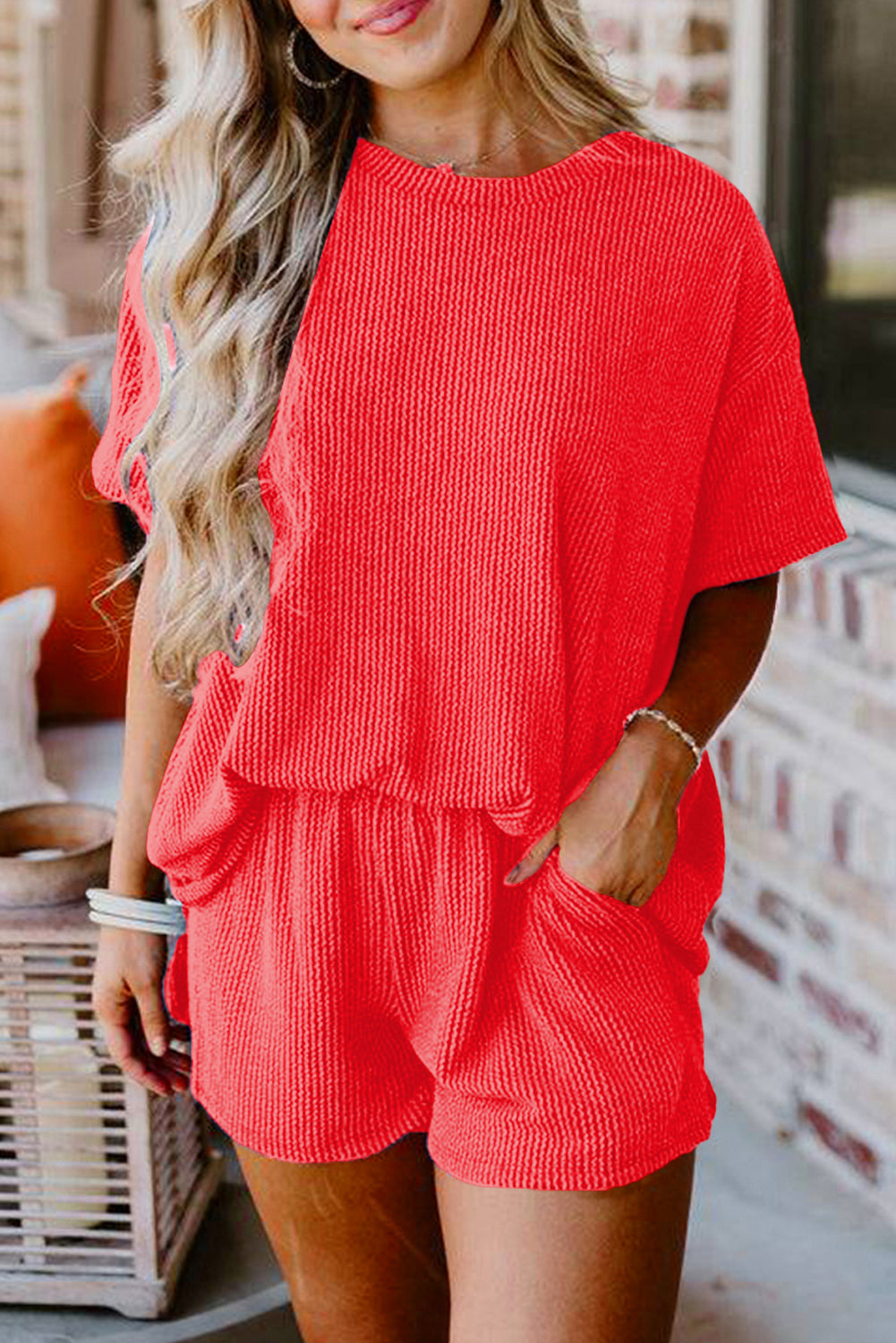 Ribbed Textured Knit Loose Fit Tee and Shorts Set Dear-Lover Dropshipping