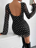 Backless Polka dot Long Sleeve Mini Mesh Dress