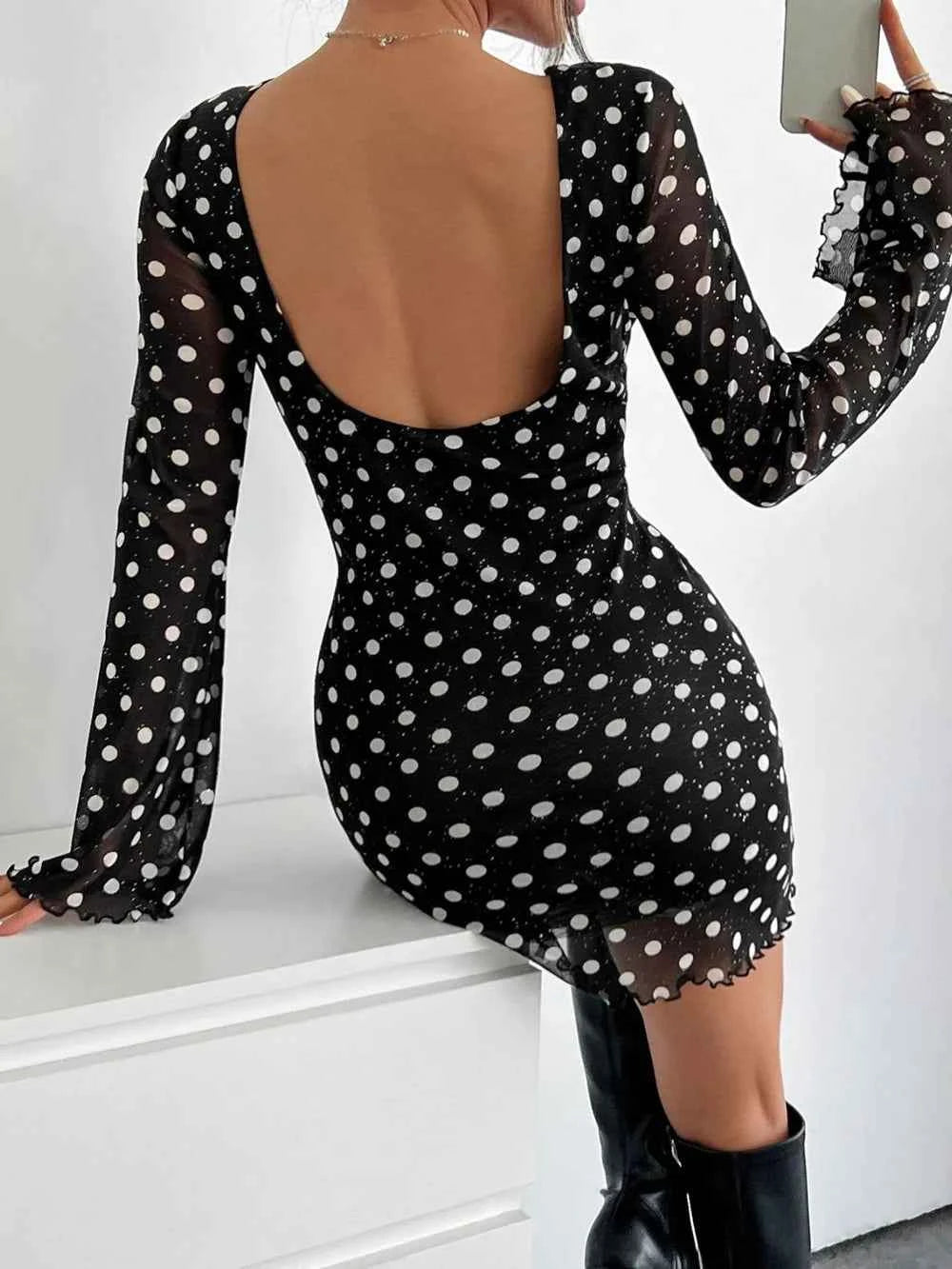 Backless Polka dot Long Sleeve Mini Mesh Dress