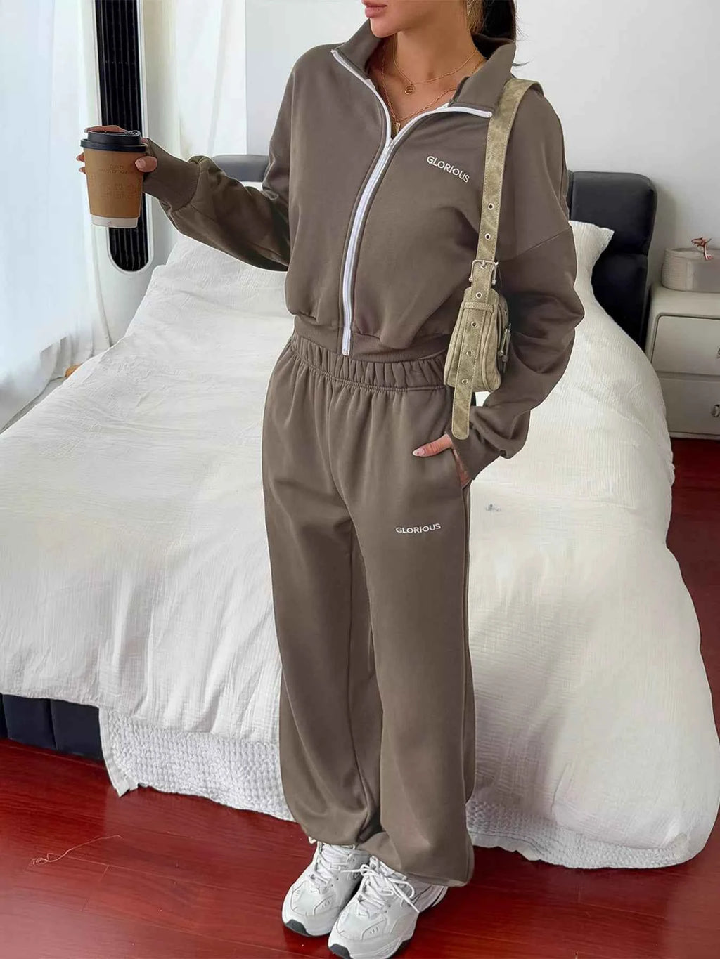 Casual Zipper Front Sweatshirt & Drawstring Pants Set