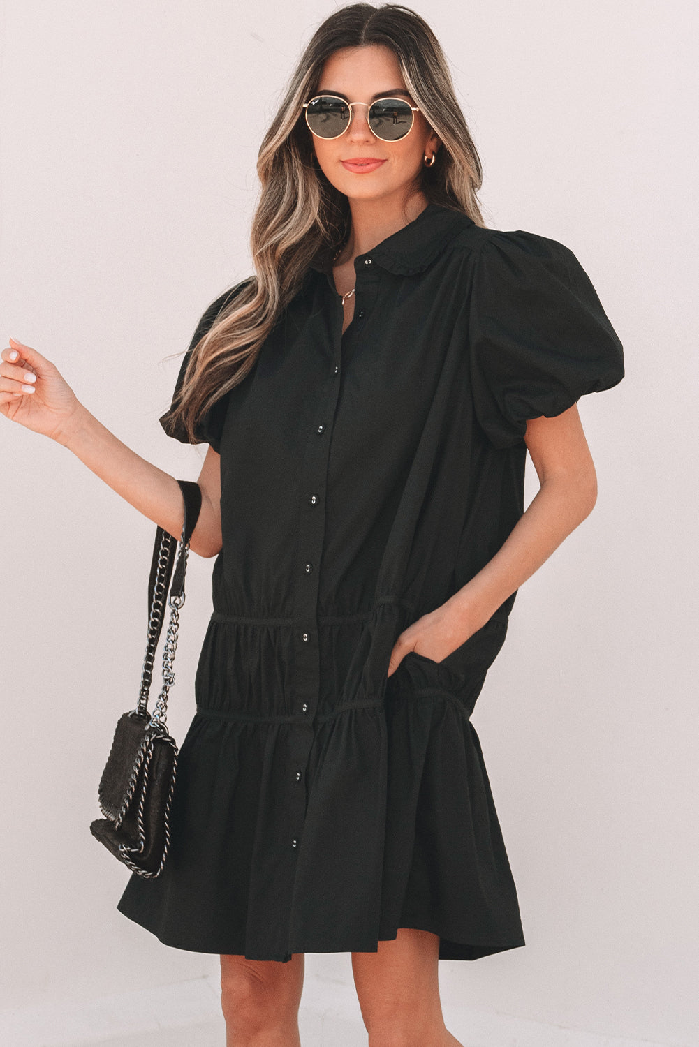 Black Shirt Style Button Down Puff Sleeve Ruffle Hem Dress Dear-Lover Dropshipping