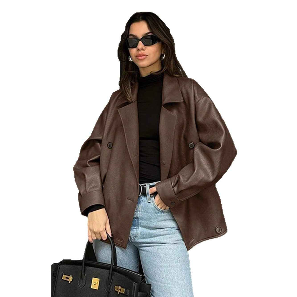 Loose suit collar leather mid length jacket for women