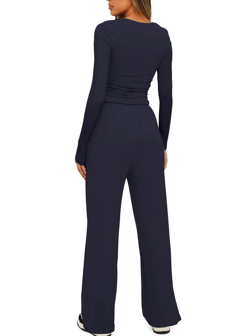 Round Neck Long Sleeve Top and Pants Set.