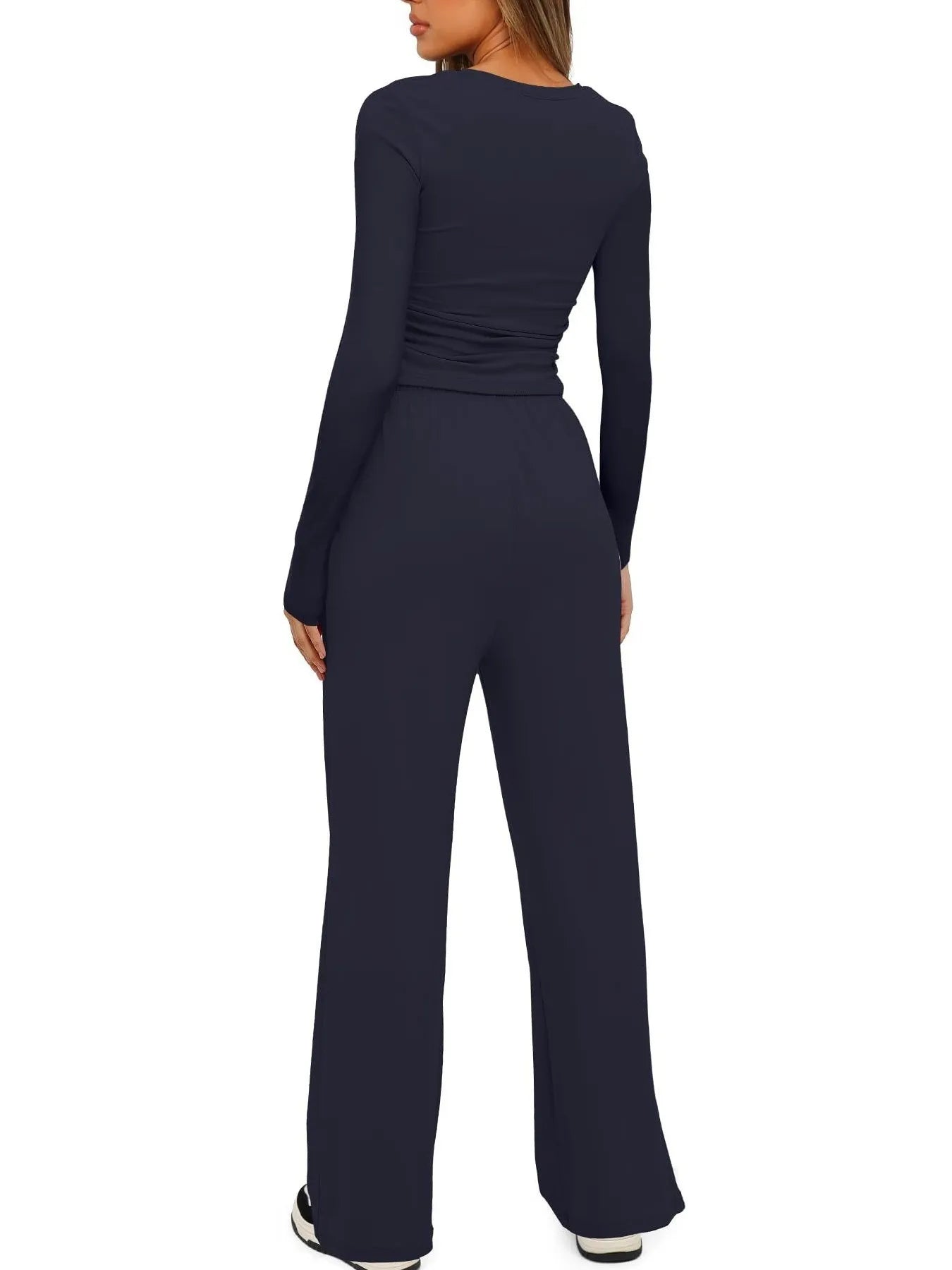 Round Neck Long Sleeve Top and Pants Set.