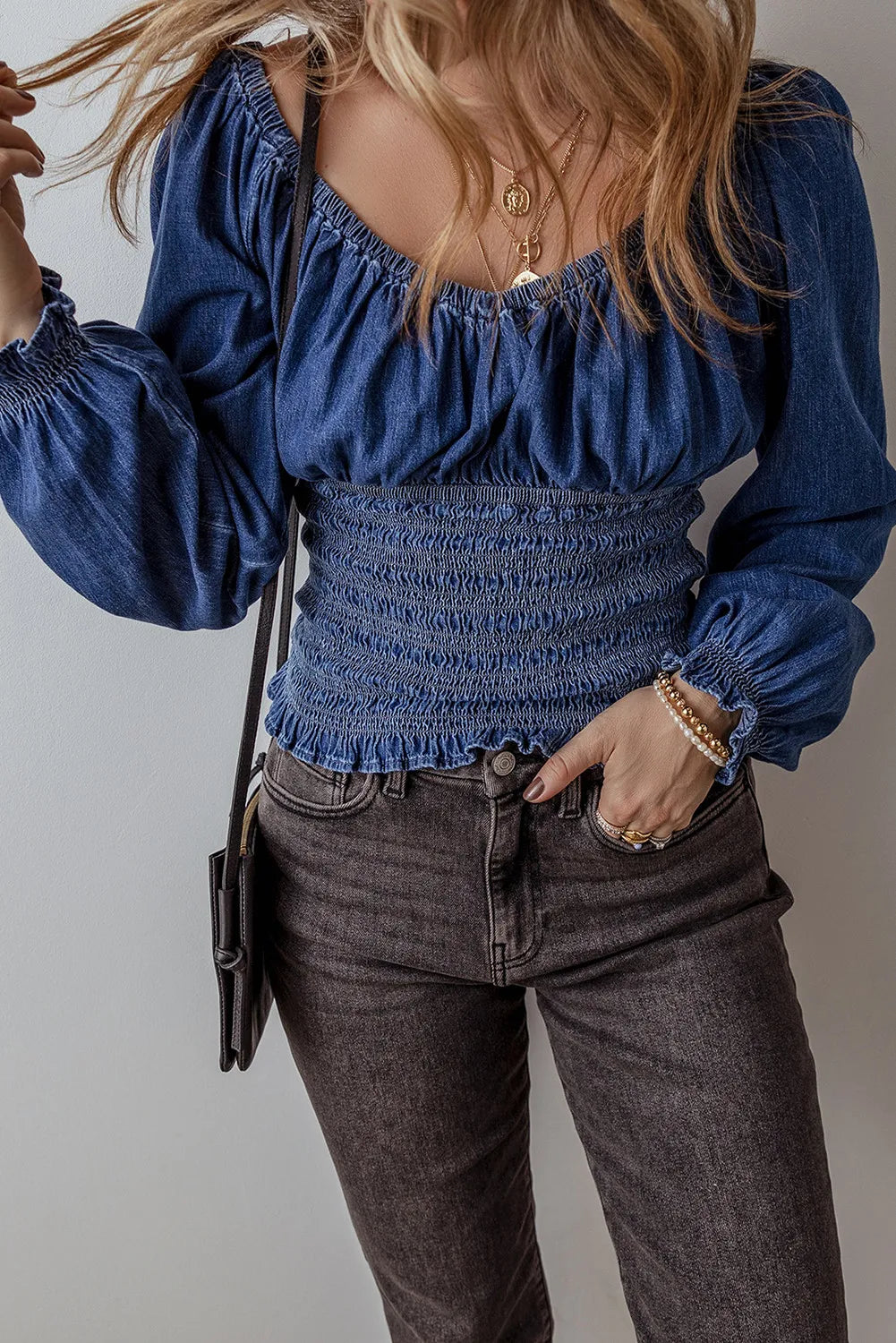 Smocked Long Sleeve Denim Top.