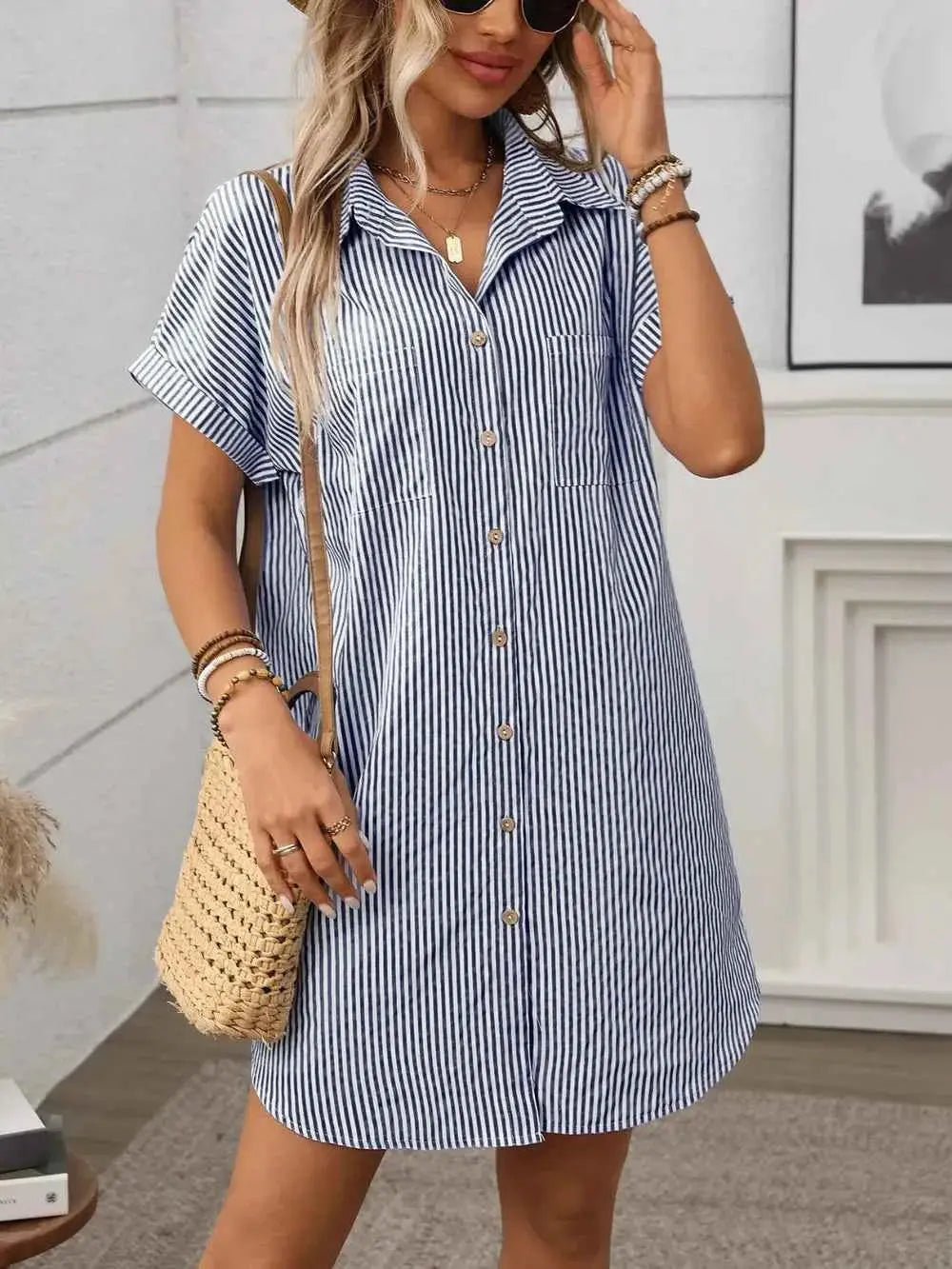 Striped Button Down Short Sleeve Mini Dress.