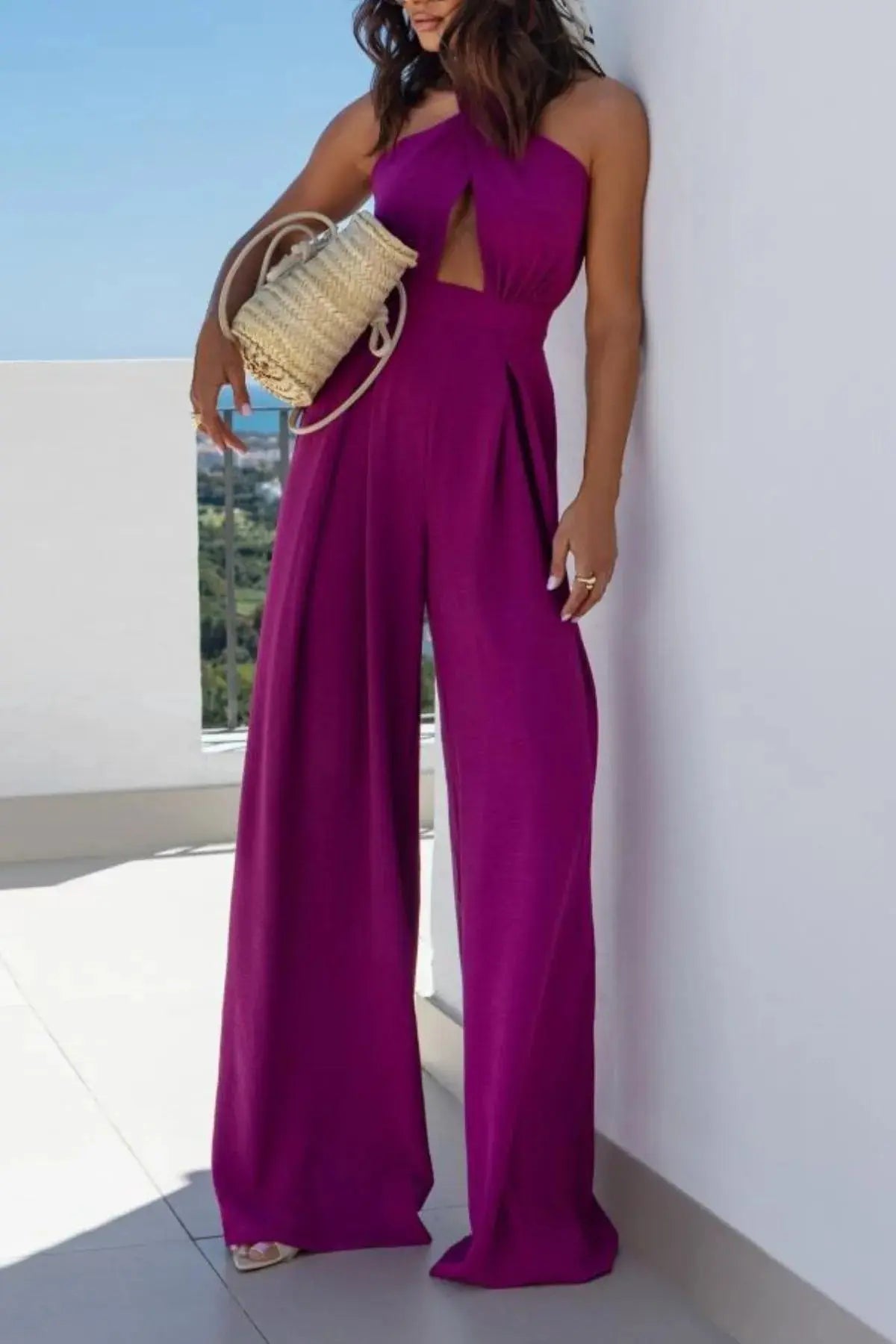Halter Neck Wide Leg Jumpsuit with Keyhole Detail.