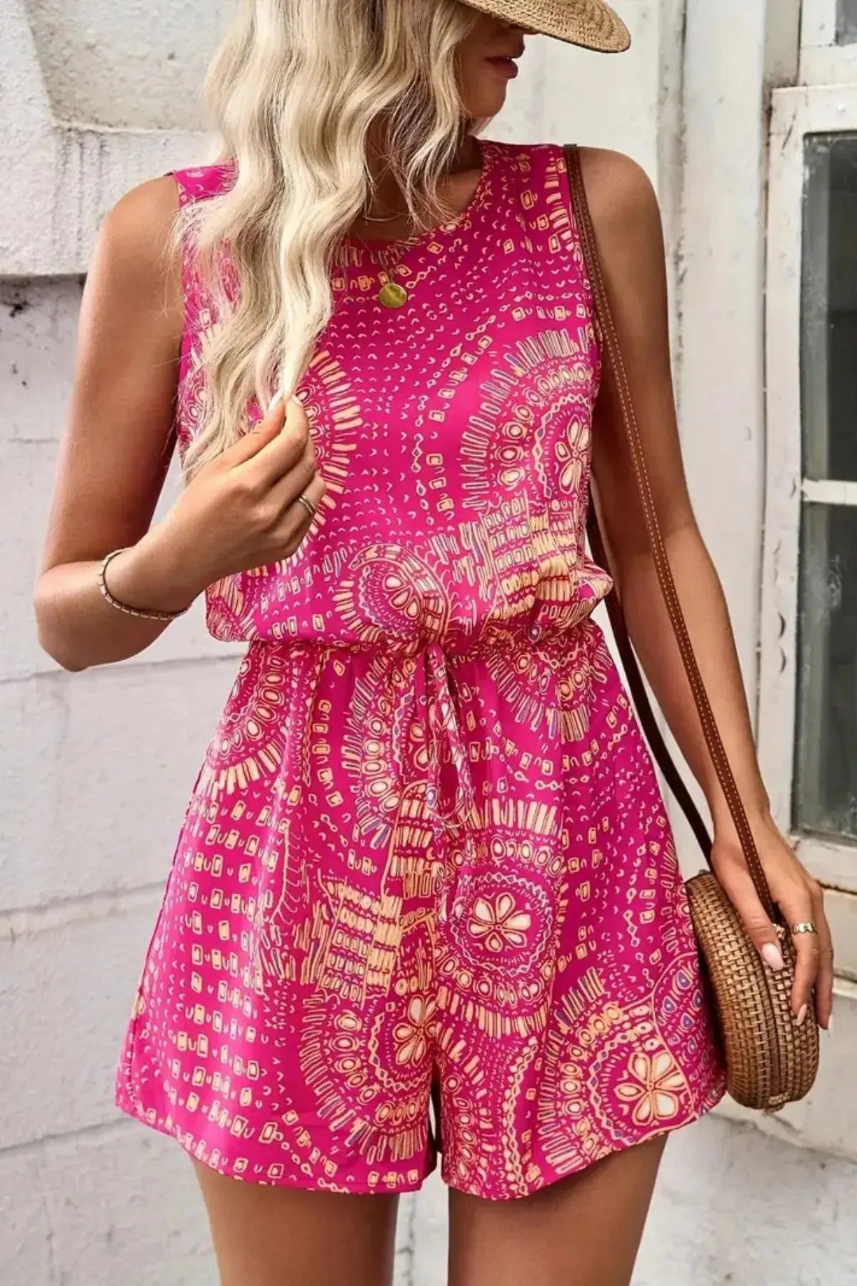 Boho Floral Print Sleeveless Summer Romper.